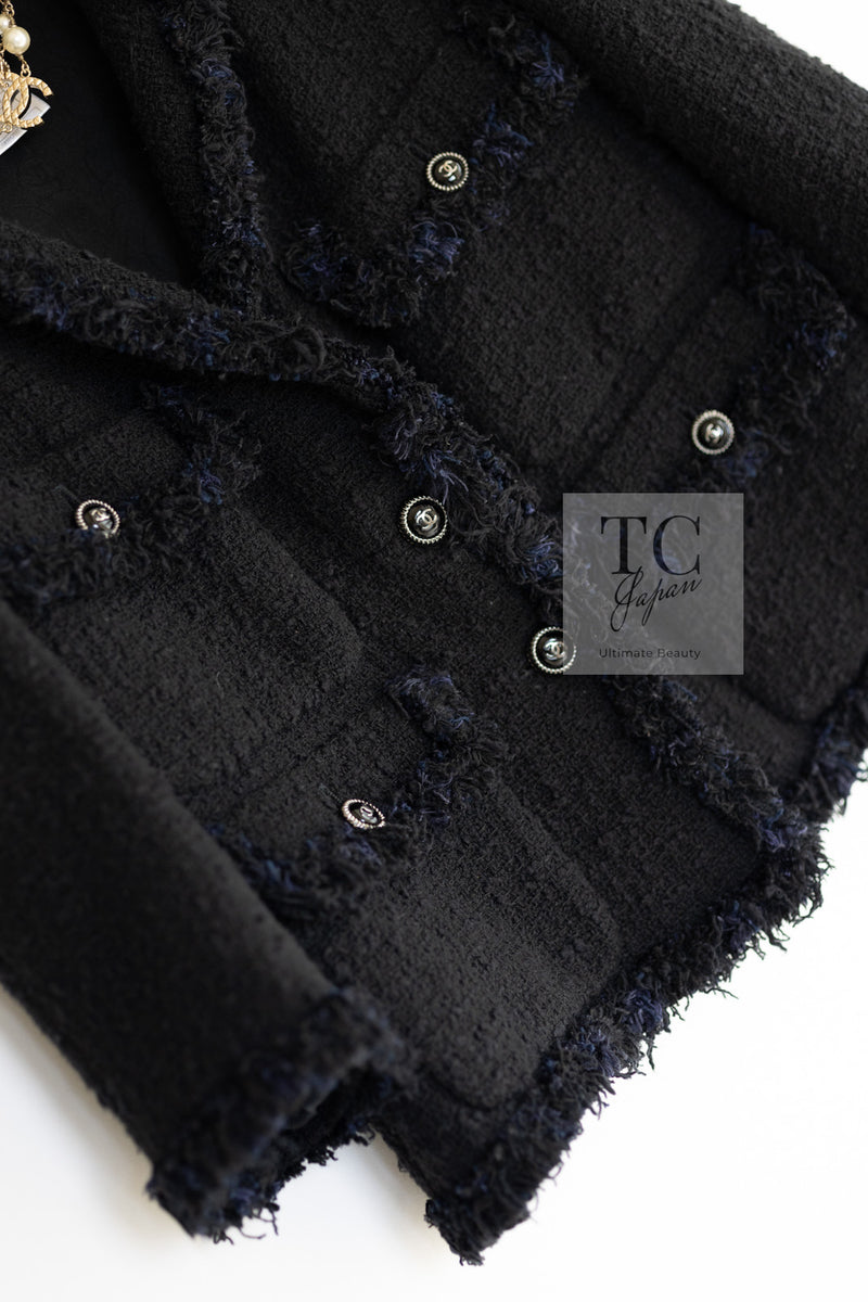 CHANEL 07S Black Fringe Cotton CC Buttons Tweed Jacket 38 シャネル ブラック フリンジ コットン ツイード ジャケット ココボタン 即発