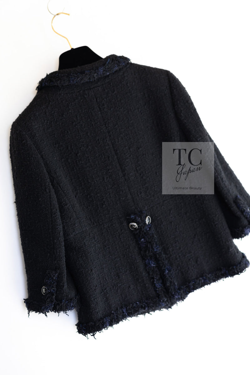 CHANEL 07S Black Fringe Cotton CC Buttons Tweed Jacket 38 シャネル ブラック フリンジ コットン ツイード ジャケット ココボタン 即発