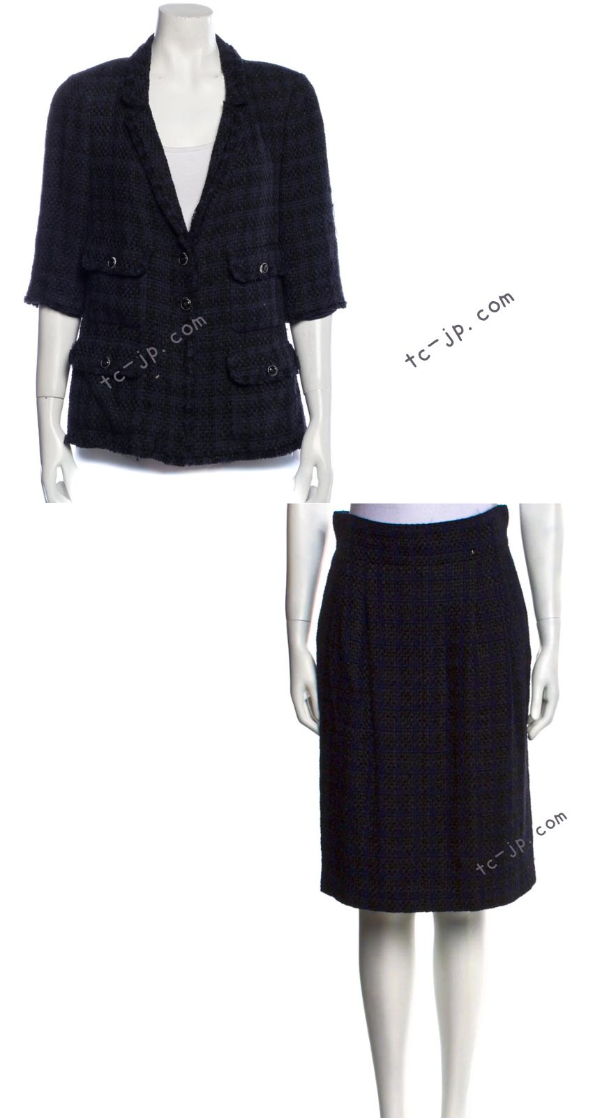 CHANEL 07S Dark Navy Black Fringe Linen Tweed Jacket Skirt Suit 40 シャネル ダークネイビー ブラック フリンジ リネン 麻混 ツイード ジャケット スカート スーツ