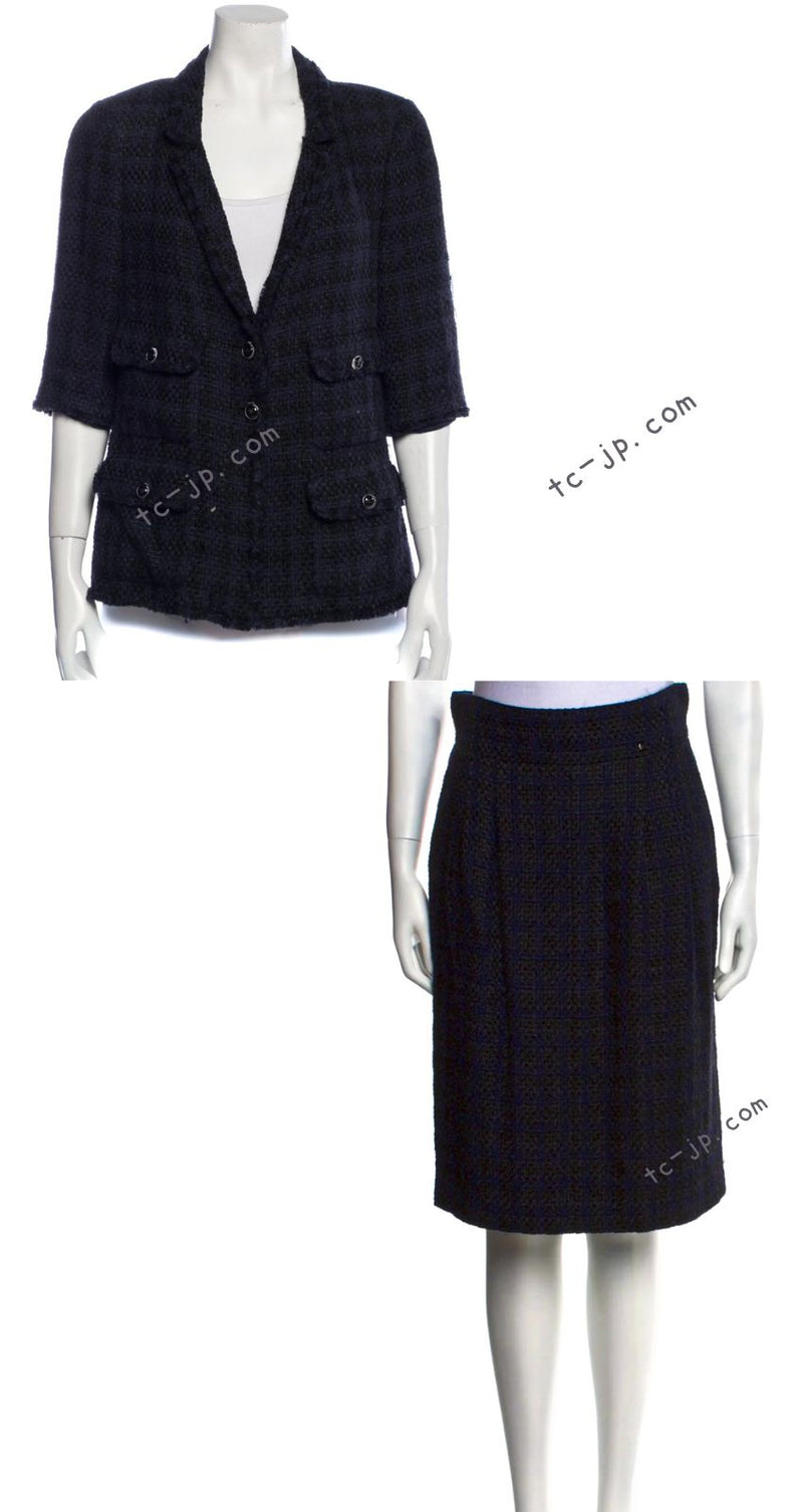 CHANEL 07S Dark Navy Black Fringe Linen Tweed Jacket Skirt Suit 40 シャネル ダークネイビー ブラック フリンジ リネン 麻混 ツイード ジャケット スカート スーツ