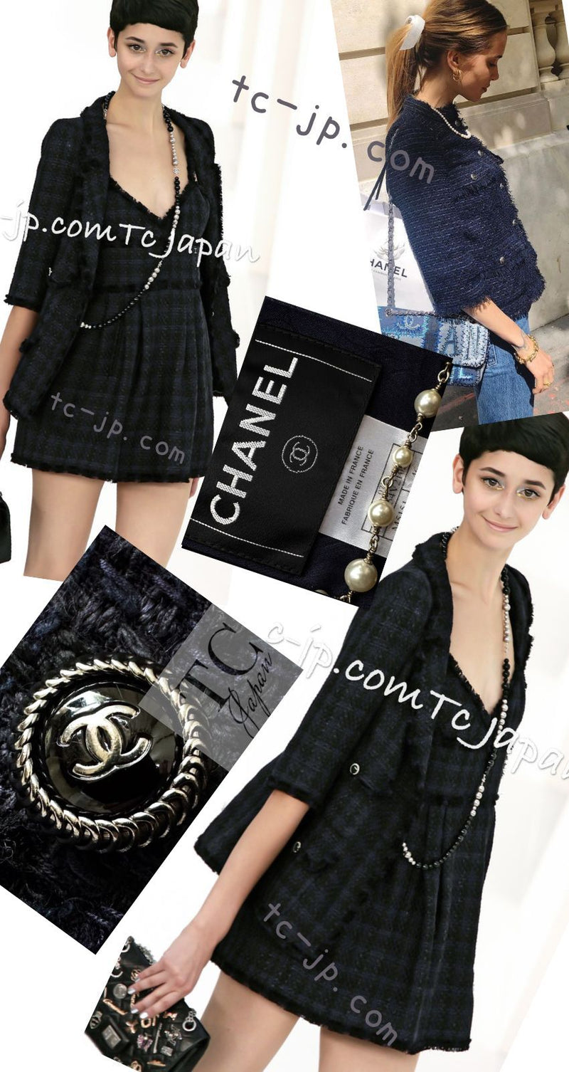 CHANEL 07S Dark Navy Black Fringe Linen Tweed Jacket Skirt Suit 40 シャネル ダークネイビー ブラック フリンジ リネン 麻混 ツイード ジャケット スカート スーツ