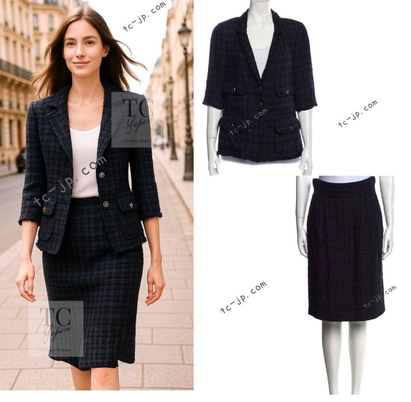 CHANEL 07S Dark Navy Black Fringe Linen Tweed Jacket Skirt Suit 40 シャネル ダークネイビー ブラック フリンジ リネン 麻混 ツイード ジャケット スカート スーツ