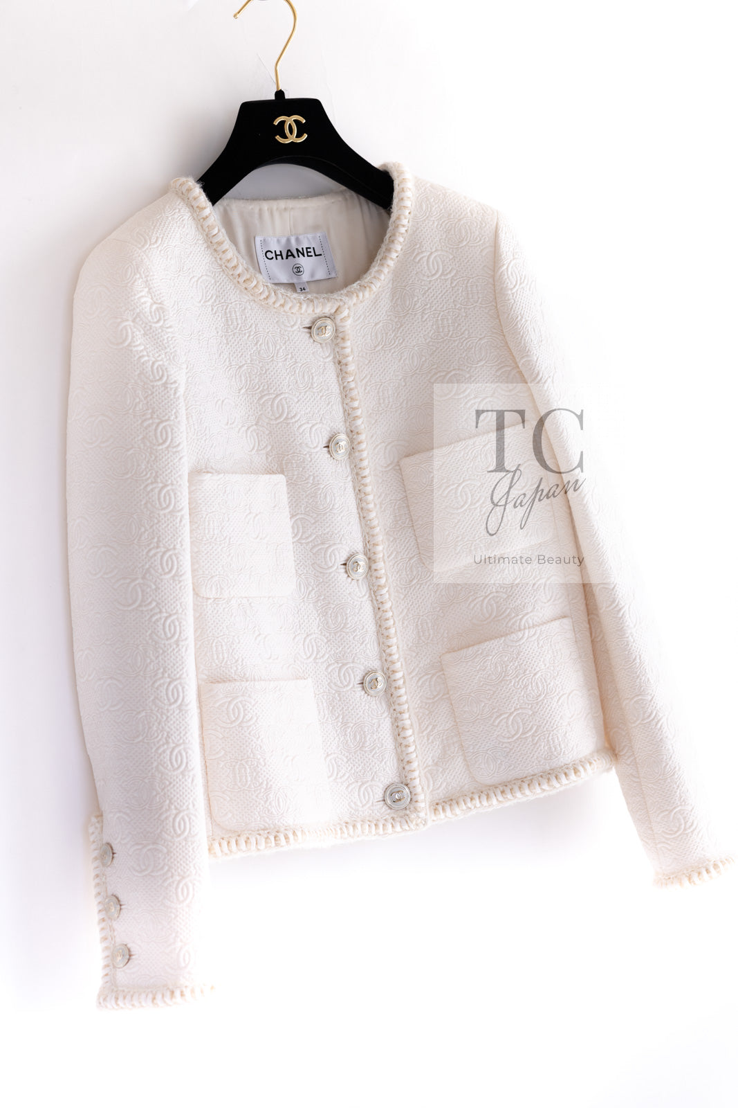 CHANEL 21PF White Ivory CC Logo Metiers D’art Jacket 34 36 シャネル ジャケット ホワイト  アイボリー CC ロゴ メティエダール 即発