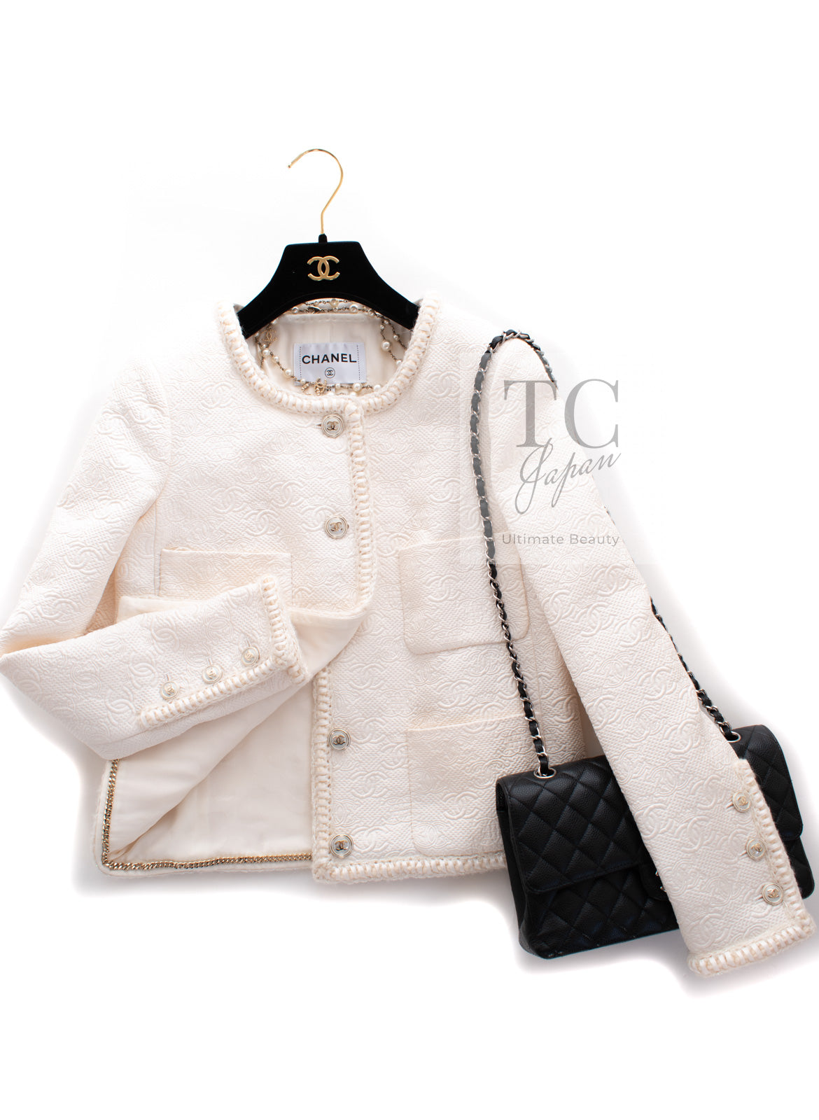 CHANEL 21PF White Ivory CC Logo Metiers D’art Jacket 34 36 シャネル ジャケット ホワイト  アイボリー CC ロゴ メティエダール 即発