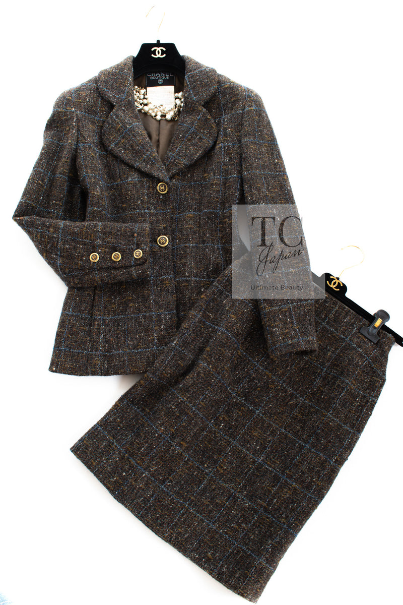 CHANEL 94A Vintage Brown Wool CC Logo Button Tweed Blazer Jacket Skirt Suit 38 シャネル ヴィンテージ ブラウン ウール CCロゴボタン ツイード ブレザー ジャケット スカート スーツ 即発