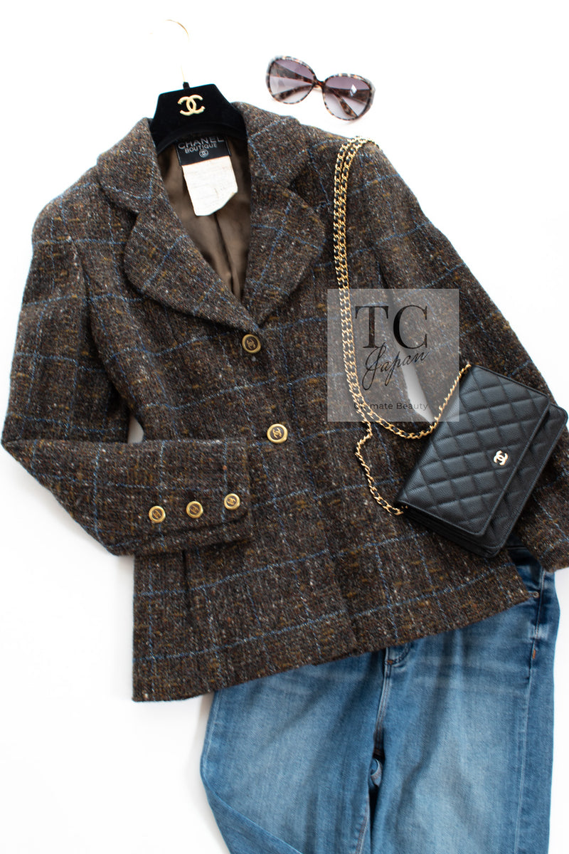 CHANEL 94A Vintage Brown Wool CC Logo Button Tweed Blazer Jacket Skirt Suit 38 シャネル ヴィンテージ ブラウン ウール CCロゴボタン ツイード ブレザー ジャケット スカート スーツ 即発