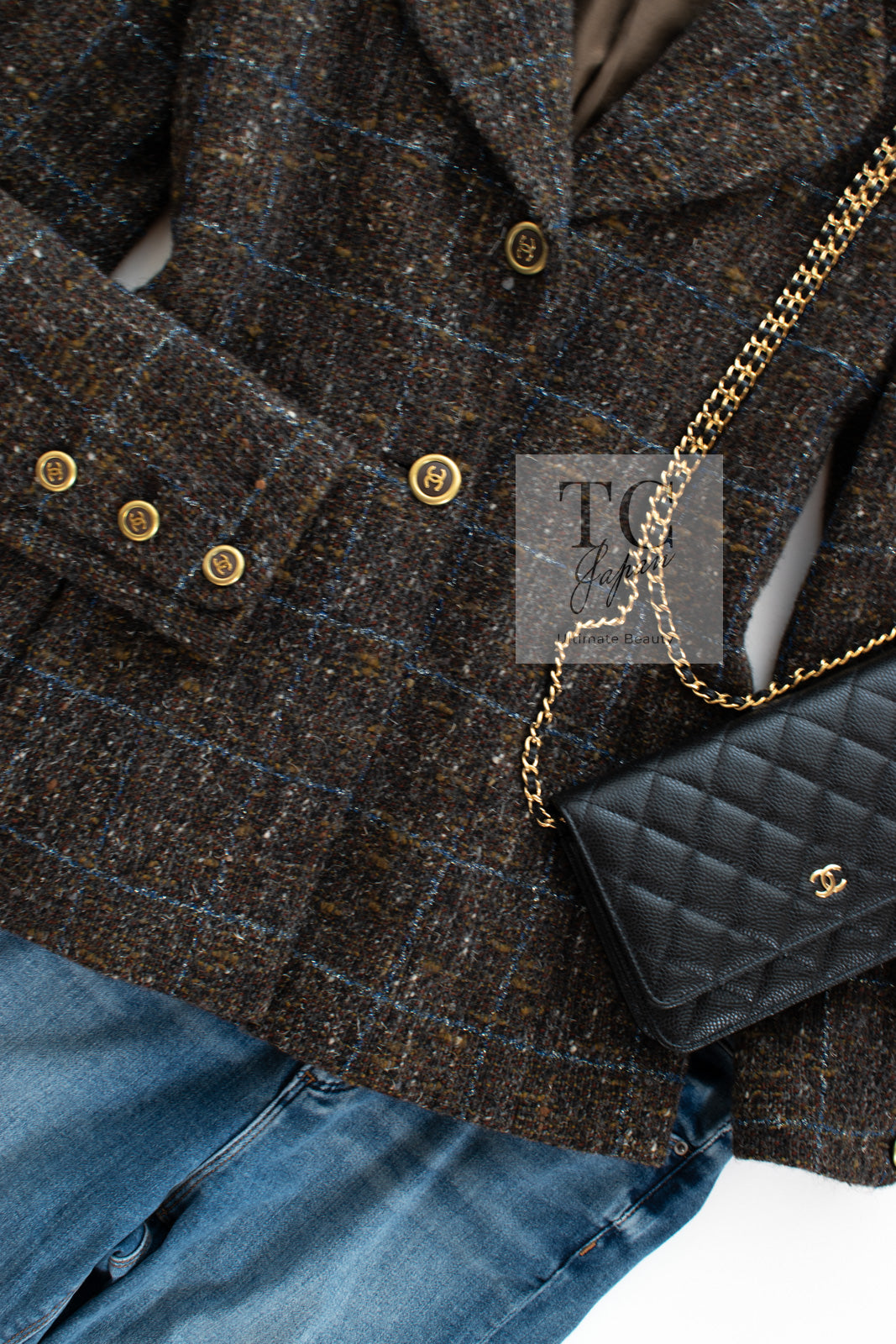 ヴィンテージ シャネル ロゴ ボタン デニム ツイード ニット カーディガン