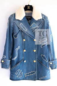 CHANEL 19PF Blue Denim Double Jacket Coat 36 38 シャネル ブルー デニム ボア襟 ジャケット コート 即発