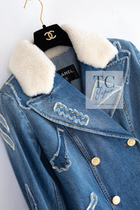 CHANEL 19PF Blue Denim Double Jacket Coat 36 38 シャネル ブルー デニム ボア襟 ジャケット コート 即発