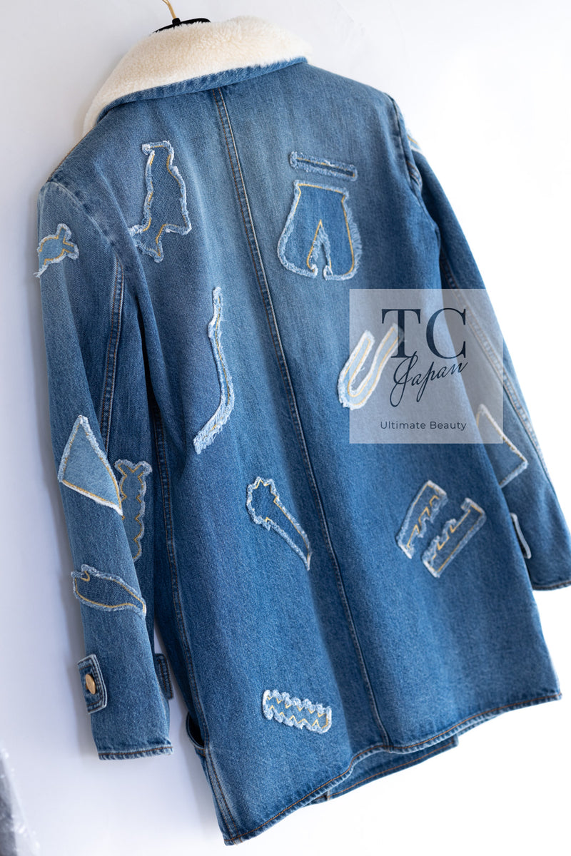 CHANEL 19PF Blue Denim Double Jacket Coat 36 38 シャネル ブルー デニム ボア襟 ジャケット コート 即発