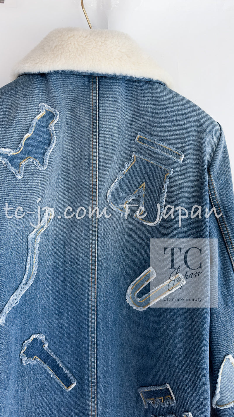 CHANEL 19PF Blue Denim Double Jacket Coat 36 38 シャネル ブルー デニム ボア襟 ジャケット コート 即発