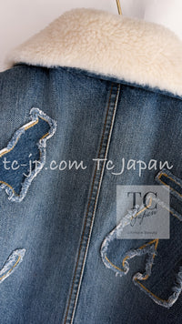 CHANEL 19PF Blue Denim Double Jacket Coat 36 38 シャネル ブルー デニム ボア襟 ジャケット コート 即発