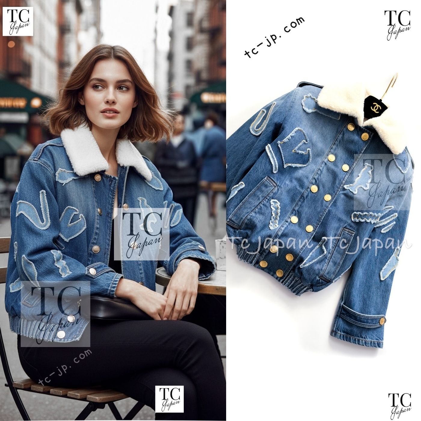 CHANEL 19PF Blue Denim Double Jacket Coat 34 36 38 シャネル ブルー デニム ボア襟 ジャケット コート 即発