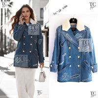 CHANEL 19PF Blue Denim Double Jacket Coat 36 38 シャネル ブルー デニム ボア襟 ジャケット コート 即発
