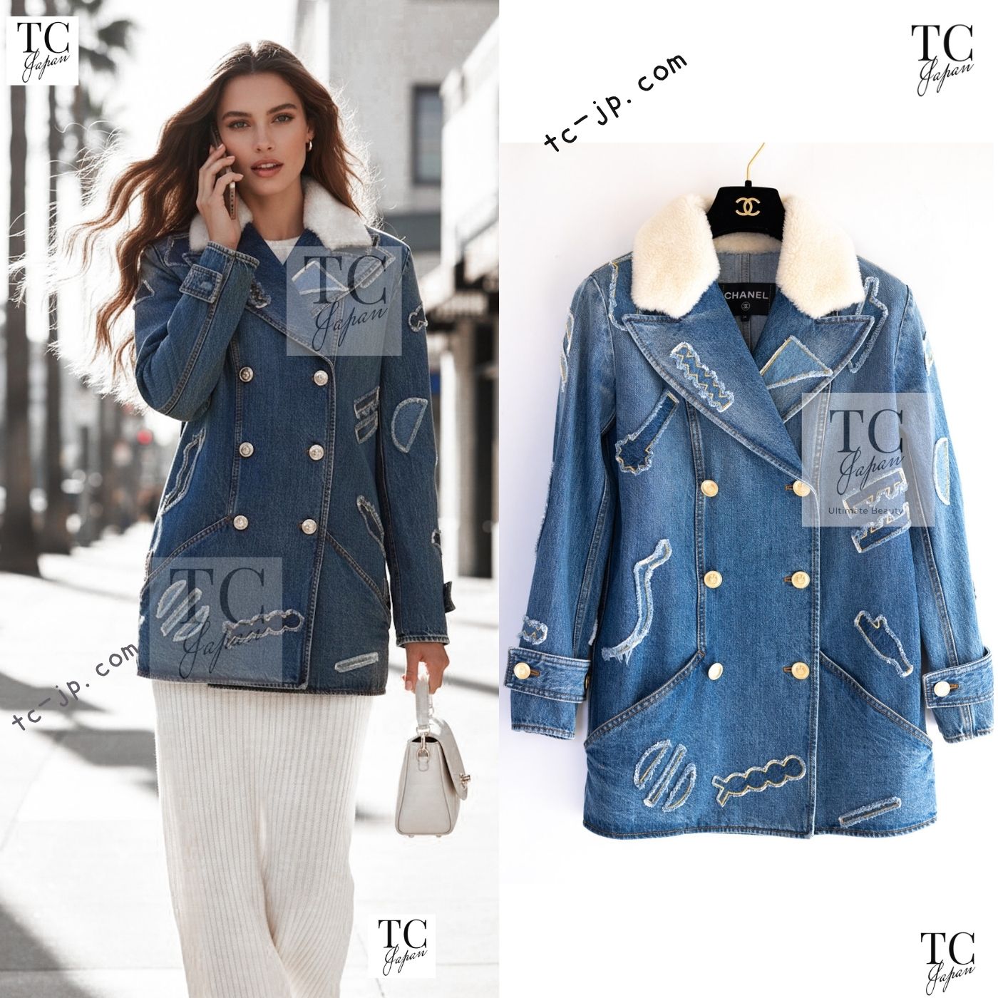 CHANEL 19PF Blue Denim Double Jacket Coat 36 38 シャネル ブルー デニム ボア襟 ジャケット コート 即発