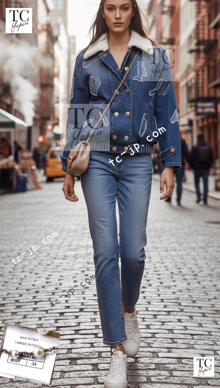 シャネル ジャケット コート CHANEL 19PF ブルー デニム ダブル ボア襟