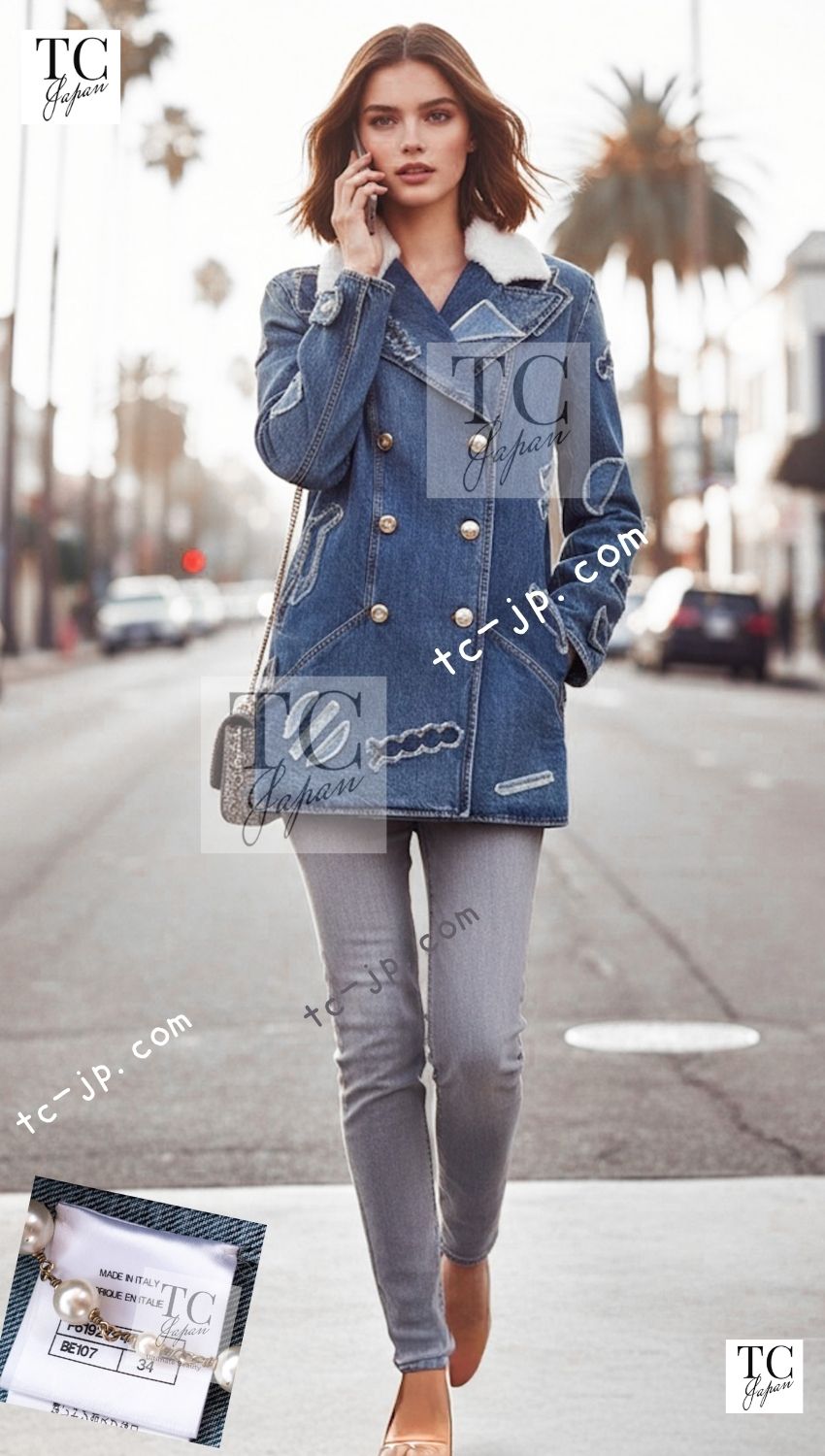 CHANEL 19PF Blue Denim Double Jacket Coat 34 36 38 シャネル ブルー デニム ボア襟 ジャケット コート 即発 - TC JAPAN