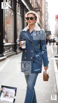 CHANEL 19PF Blue Denim Double Jacket Coat 36 38 シャネル ブルー デニム ボア襟 ジャケット コート 即発