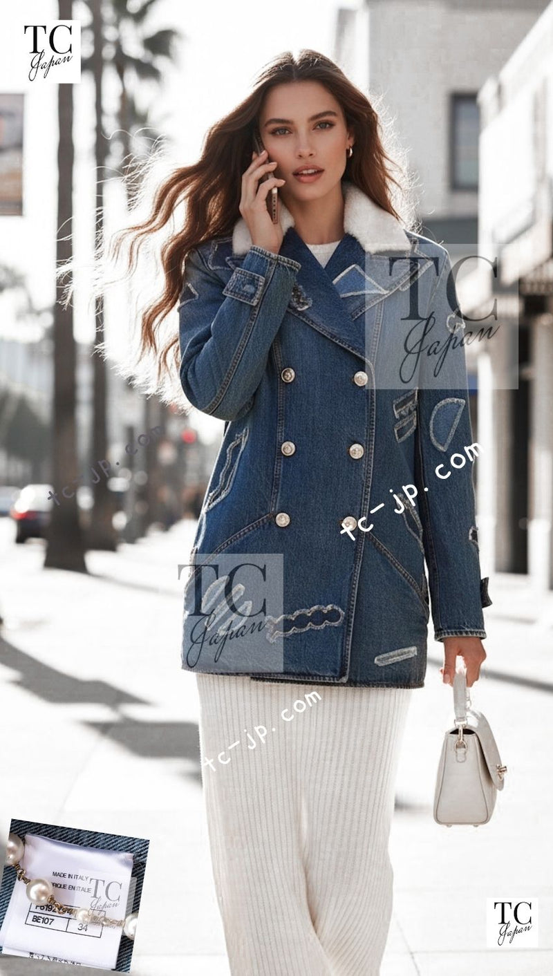 CHANEL 19PF Blue Denim Double Jacket Coat 36 38 シャネル ブルー デニム ボア襟 ジャケット コート 即発