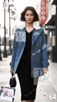 CHANEL 19PF Blue Denim Double Jacket Coat 36 38 シャネル ブルー デニム ボア襟 ジャケット コート 即発