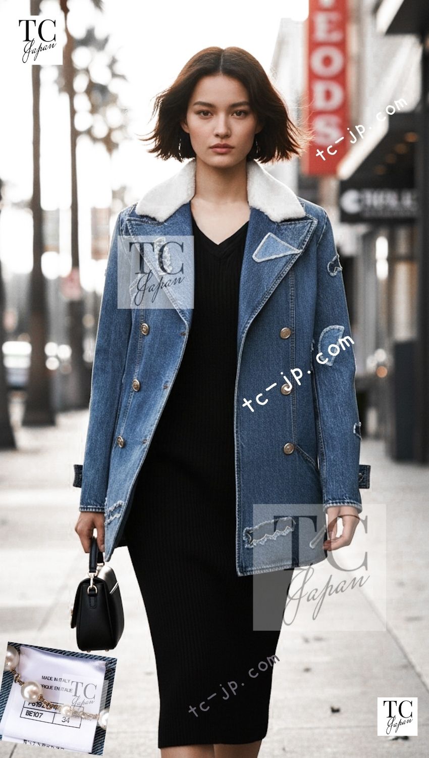 CHANEL 19PF Blue Denim Double Jacket Coat 34 36 38 シャネル ブルー デニム ボア襟 ジャケット コート 即発 - TC JAPAN