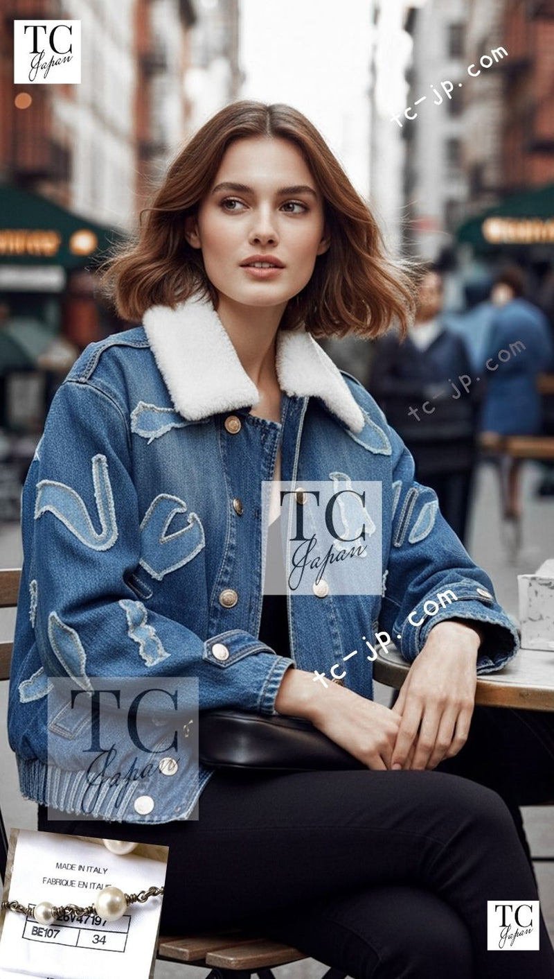 CHANEL 19PF Blue Denim Double Jacket Coat 34 36 38 シャネル ブルー デニム ボア襟 ジャケット コート 即発
