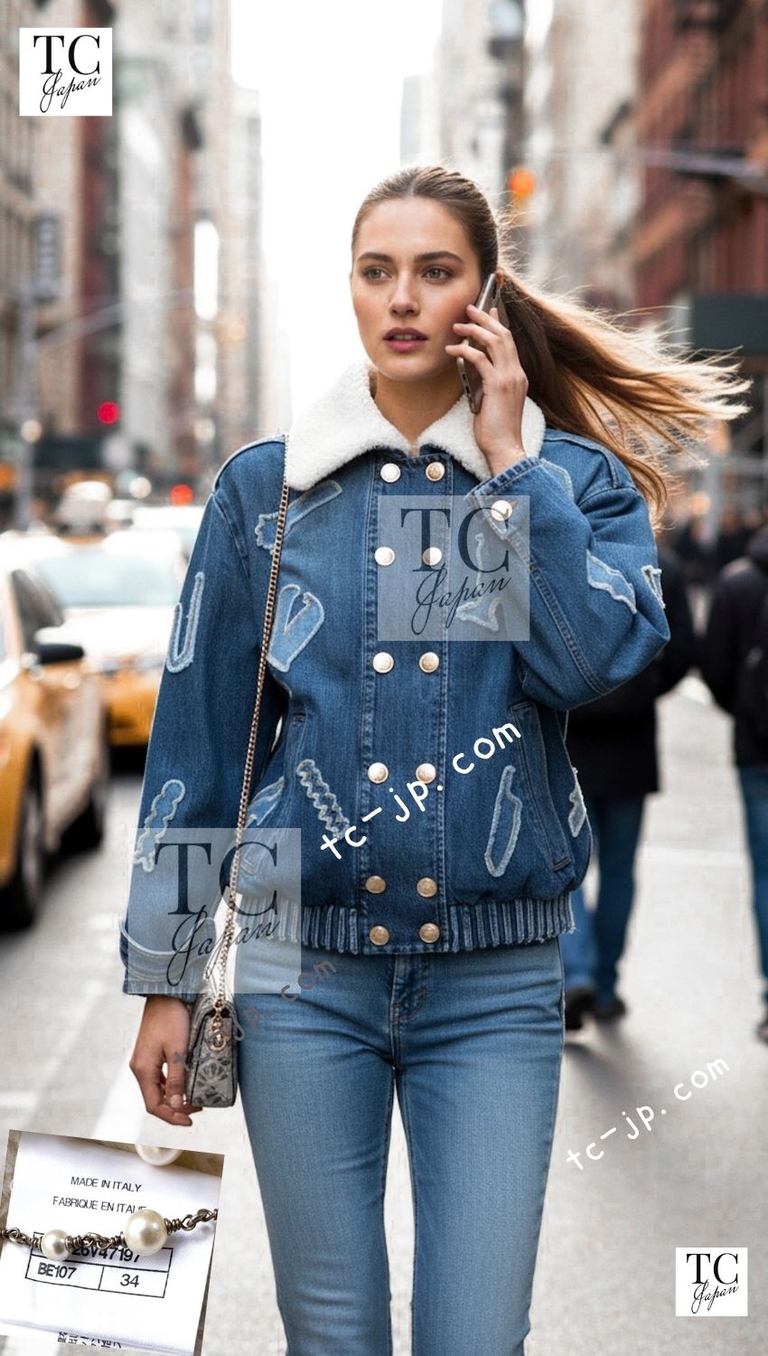 CHANEL 19PF Blue Denim Double Jacket Coat 36 38 シャネル ブルー デニム ボア襟 ジャケット コート 即発 - TC JAPAN
