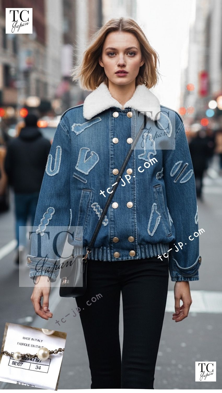 シャネル ジャケット コート CHANEL 19PF ブルー デニム ダブル ボア襟