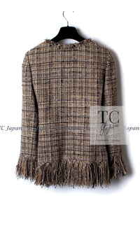 CHANEL 10A Beige Fringe Trimmed Goat Skin Tweed Jacket Skirt Suit 38 シャネル ベージュ フリンジ トリム ゴート スキン ツイード ジャケット スカート スーツ 即発