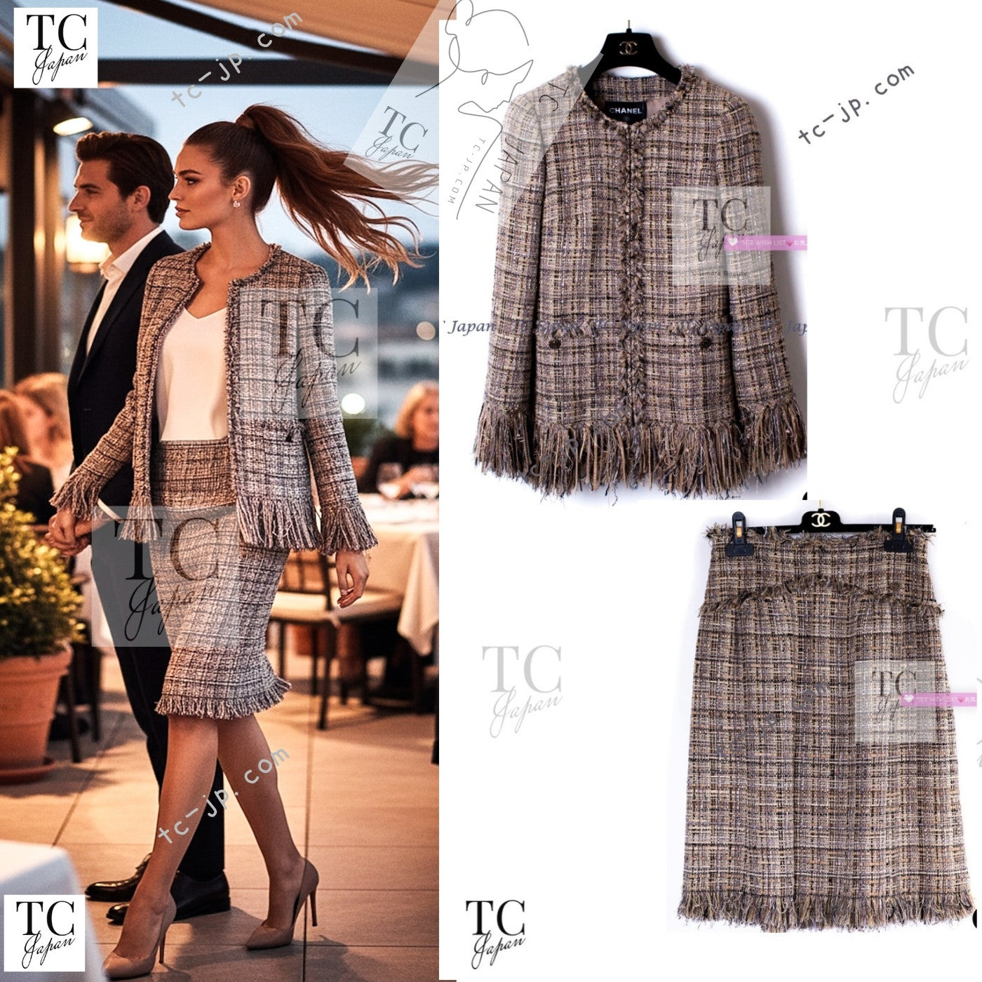 CHANEL 10A Beige Fringe Trimmed Goat Skin Tweed Jacket Skirt Suit 38 シャネル ベージュ フリンジ トリム ゴート スキン ツイード ジャケット スカート スーツ 即発