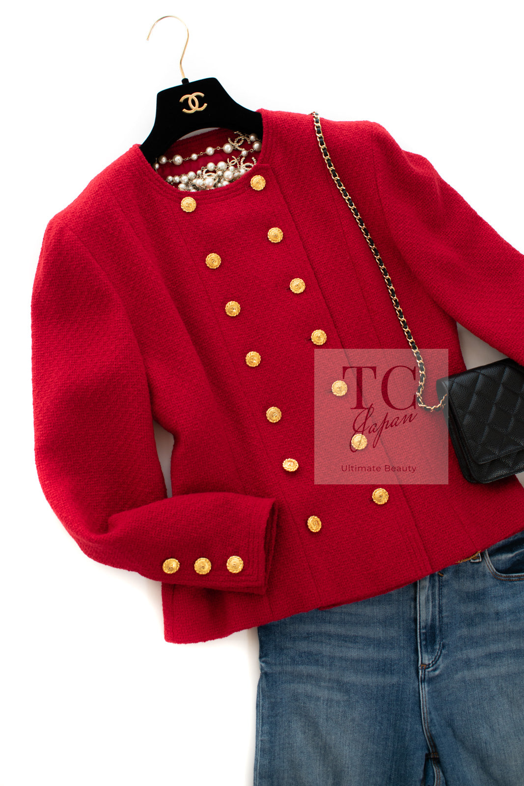 CHANEL 88A Vintage Red CC Gold Button Double Tweed Jacket 38 シャネル ヴィンテージ  レッド CC ゴールド ボタン ダブル ツイード ジャケット 即発