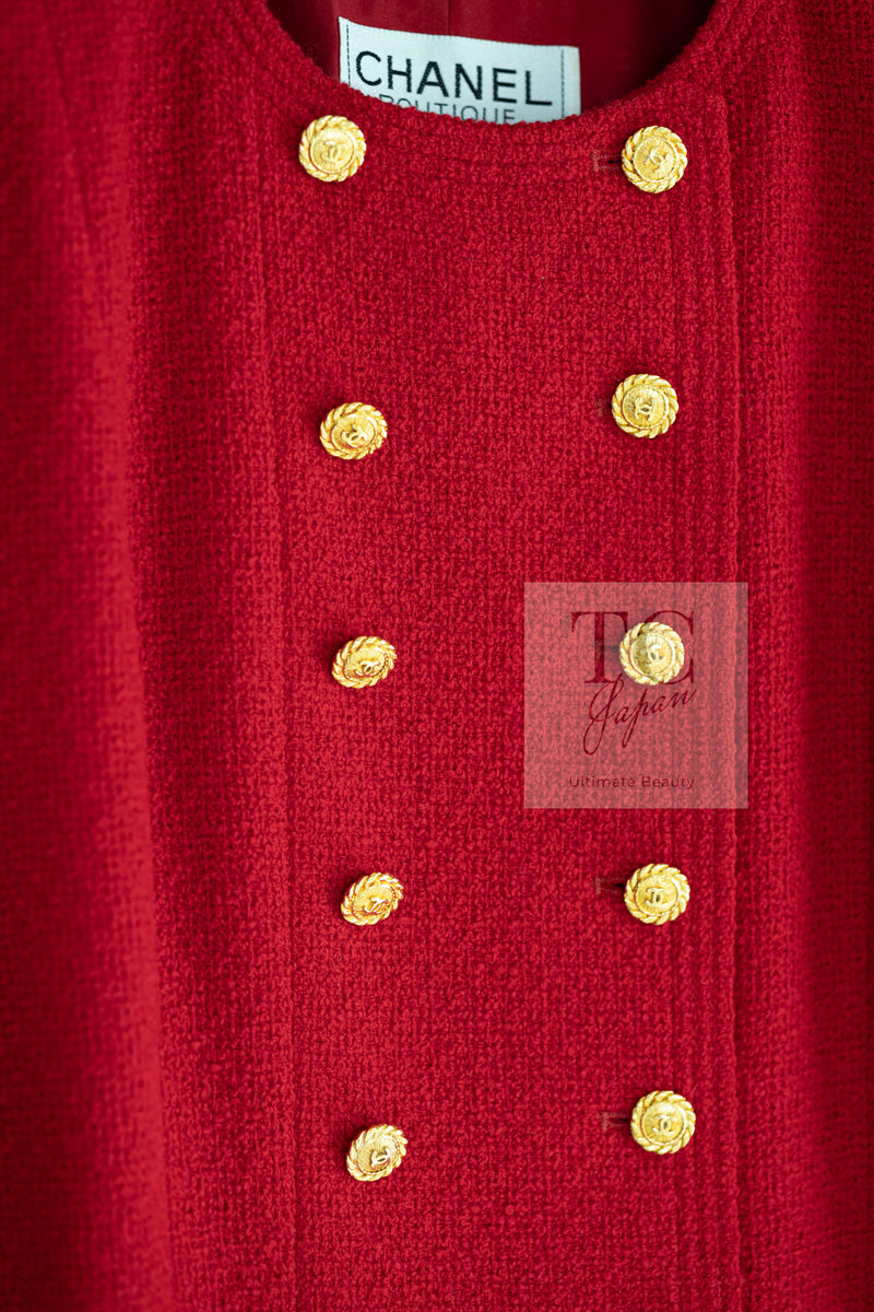 CHANEL 88A Vintage Red CC Gold Button Double Tweed Jacket 38 シャネル ヴィンテージ レッド CC ゴールド ボタン ダブル ツイード ジャケット 即発