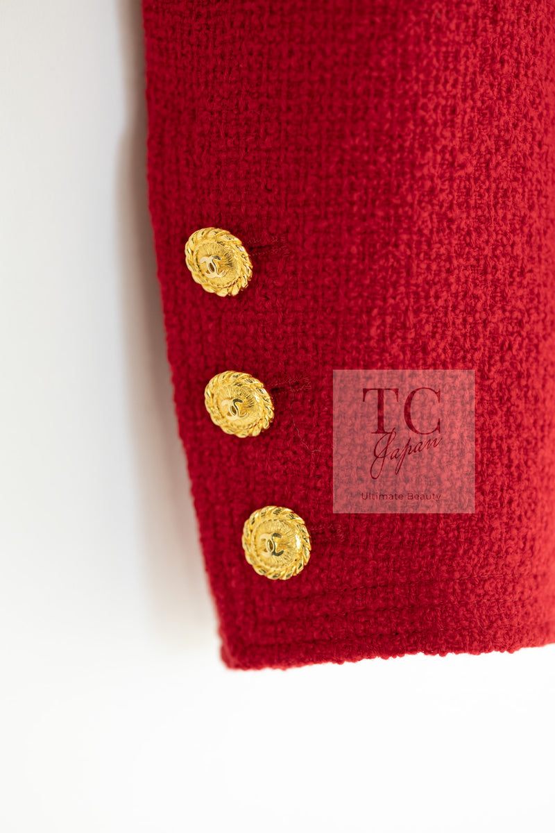 CHANEL 88A Vintage Red CC Gold Button Double Tweed Jacket 38 シャネル ヴィンテージ レッド CC ゴールド ボタン ダブル ツイード ジャケット 即発