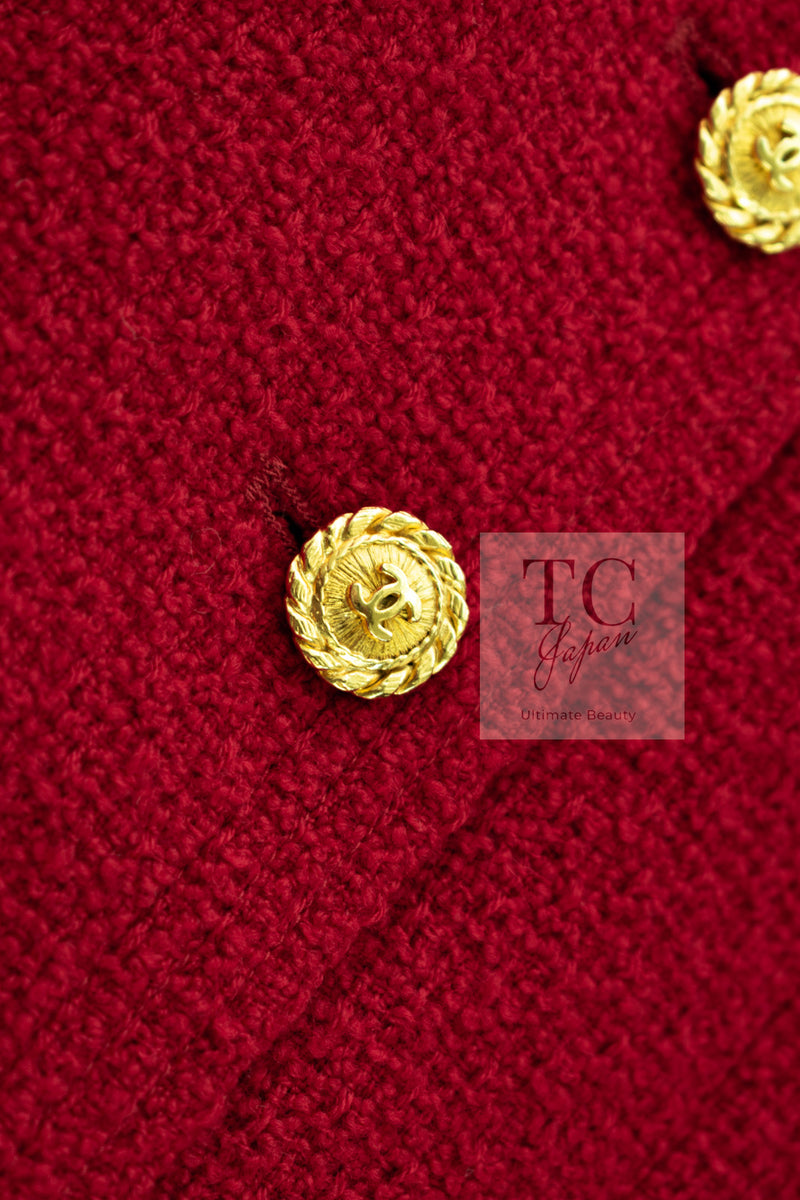 CHANEL 88A Vintage Red CC Gold Button Double Tweed Jacket 38 シャネル ヴィンテージ レッド CC ゴールド ボタン ダブル ツイード ジャケット 即発