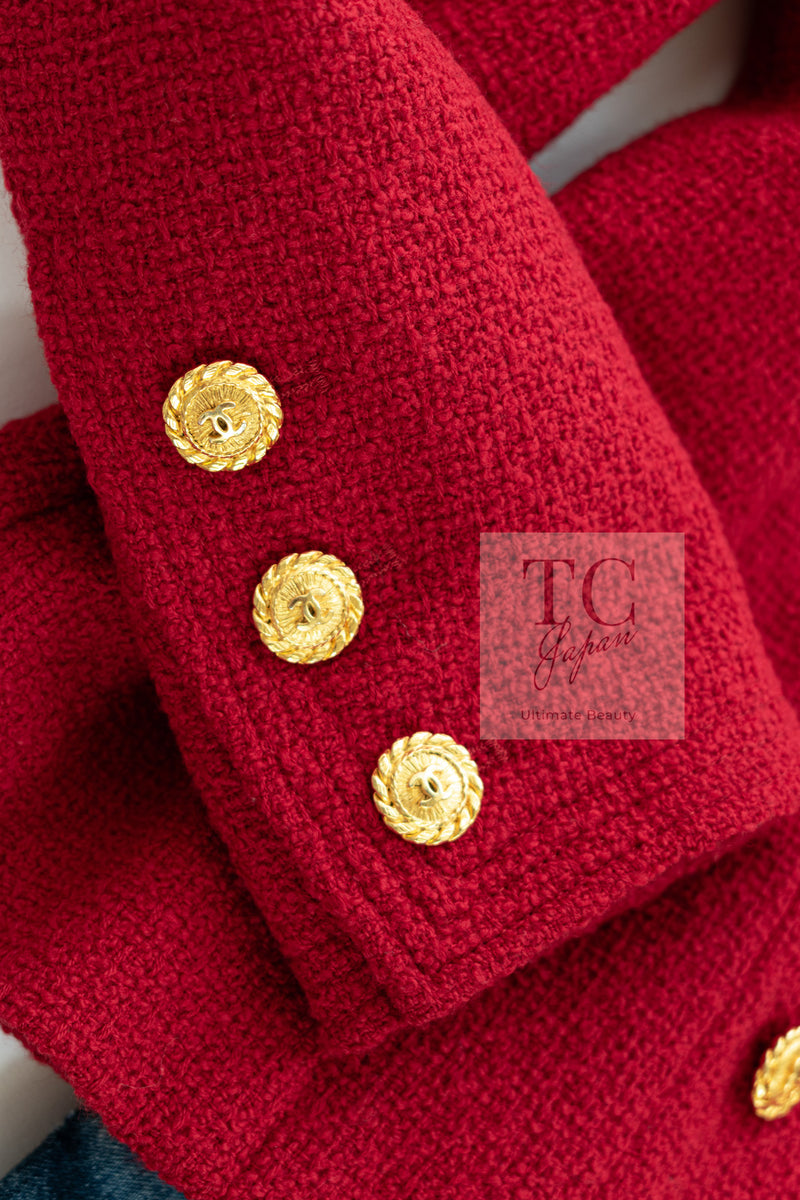 CHANEL 88A Vintage Red CC Gold Button Double Tweed Jacket 38 シャネル ヴィンテージ レッド CC ゴールド ボタン ダブル ツイード ジャケット 即発