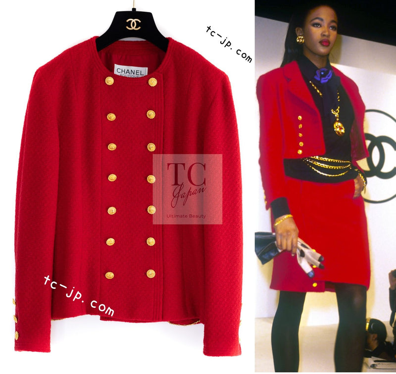 CHANEL 88A Vintage Red CC Gold Button Double Tweed Jacket 38 シャネル ヴィンテージ レッド CC ゴールド ボタン ダブル ツイード ジャケット 即発