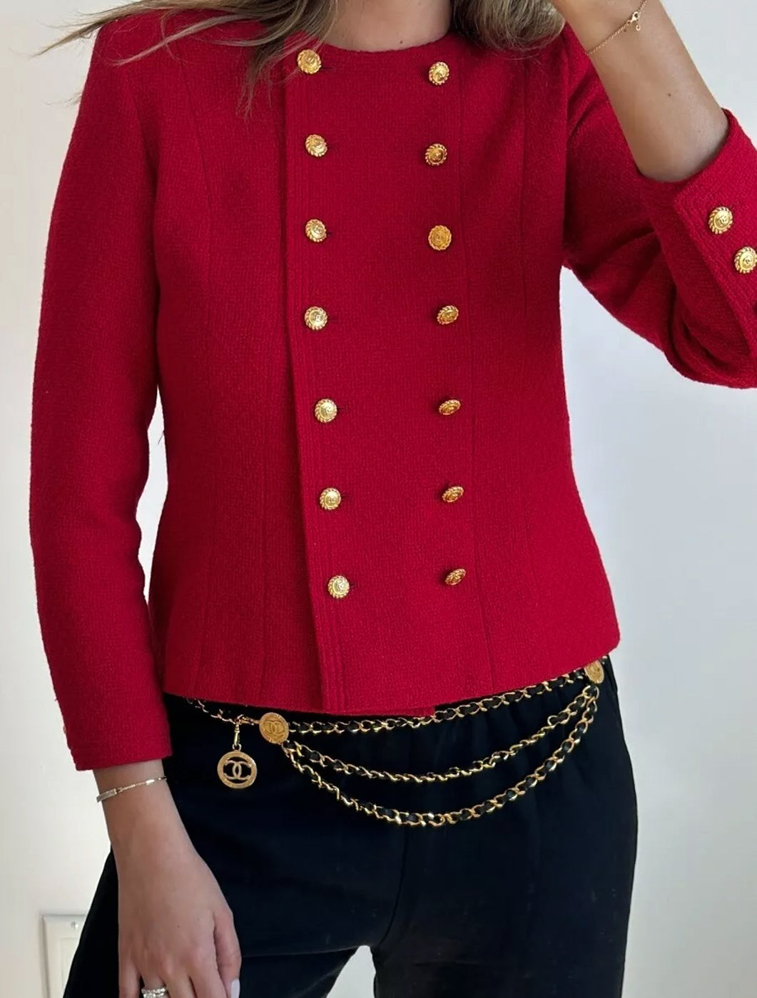 CHANEL 88A Vintage Red CC Gold Button Double Tweed Jacket 38 シャネル ヴィンテージ  レッド CC ゴールド ボタン ダブル ツイード ジャケット 即発