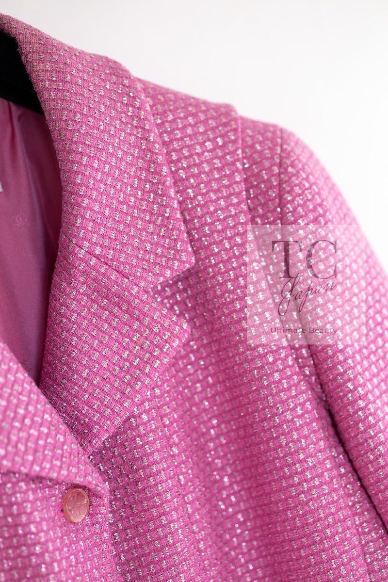 CHANEL 01C Pink Silver Metallic Wool Silk Tweed Jacket 44 46 シャネル ピンク シルバー メタリック ラメ ウール シルク ツイード ジャケット 即発