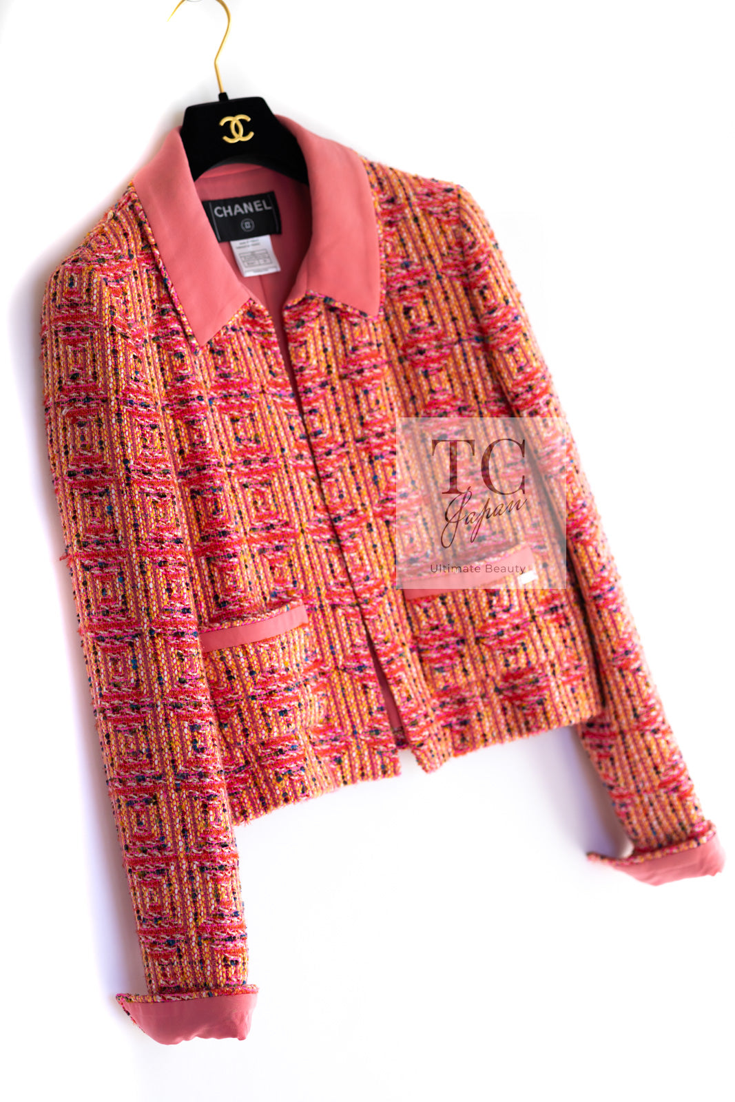 CHANEL Jacket 01C Pink Coarl Orange Yellow Tweed Candy Coral 38