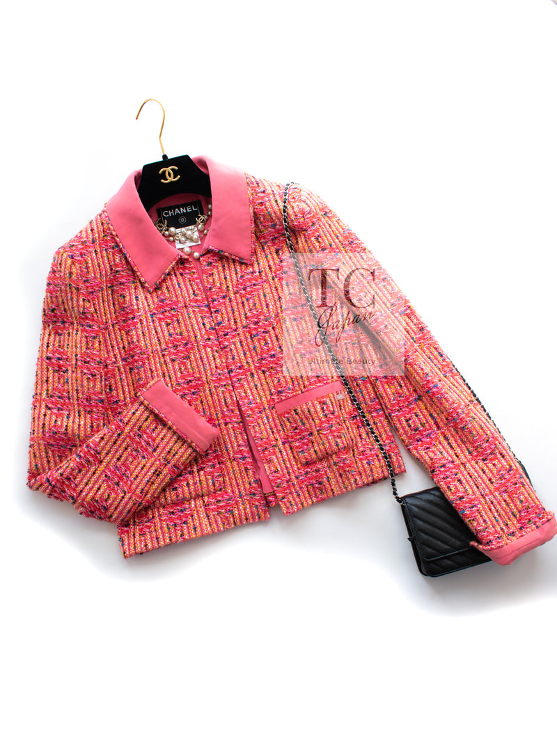 CHANEL 01C Pink Coarl Orange Yellow Tweed Candy Jacket 38 シャネル ピンク コーラル オレンジ イエロー ツイード キャンディー ジャケット 即発