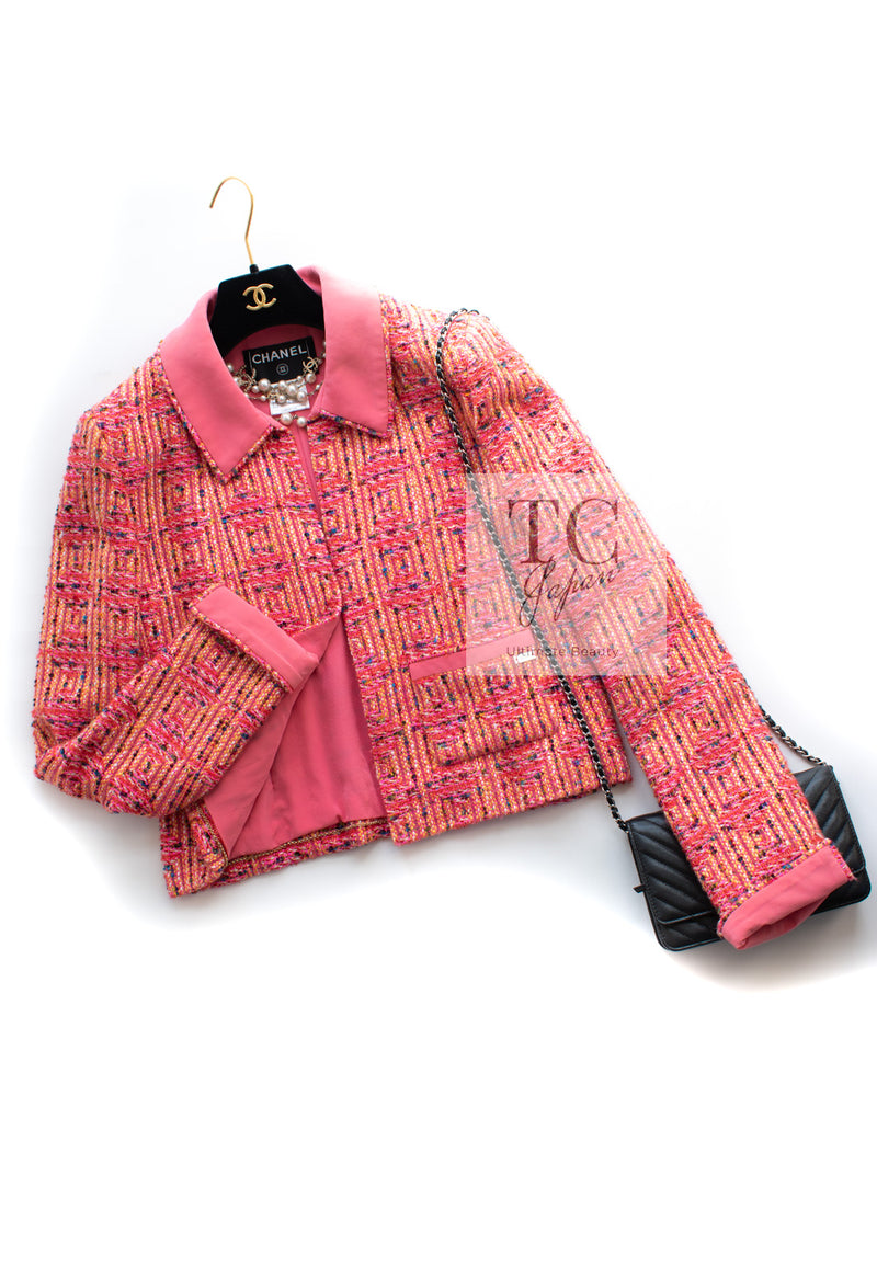 CHANEL 01C Pink Coarl Orange Yellow Tweed Candy Jacket 38 シャネル ピンク コーラル オレンジ イエロー ツイード キャンディー ジャケット 即発