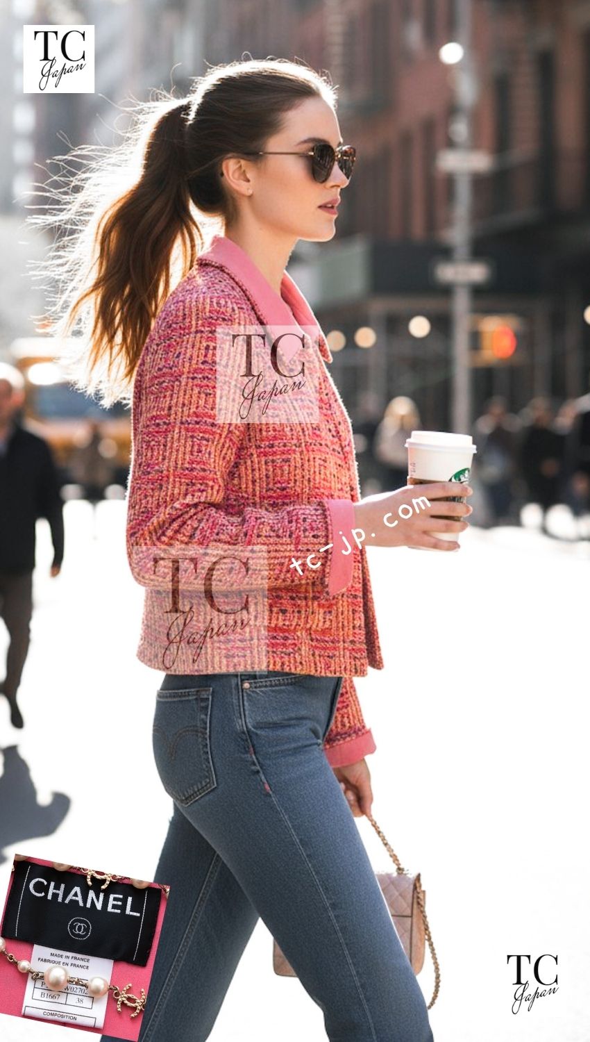 CHANEL Jacket 01C Pink Coarl Orange Yellow Tweed Candy Coral 38