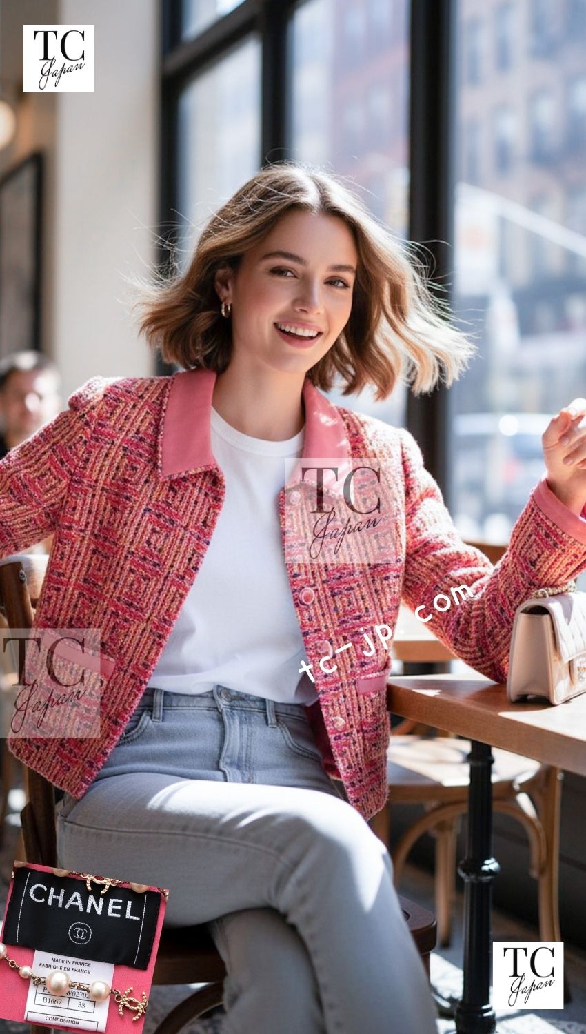 CHANEL 01C Pink Coarl Orange Yellow Tweed Candy Jacket 38 シャネル ピンク コーラル オレンジ イエロー ツイード キャンディー ジャケット 即発