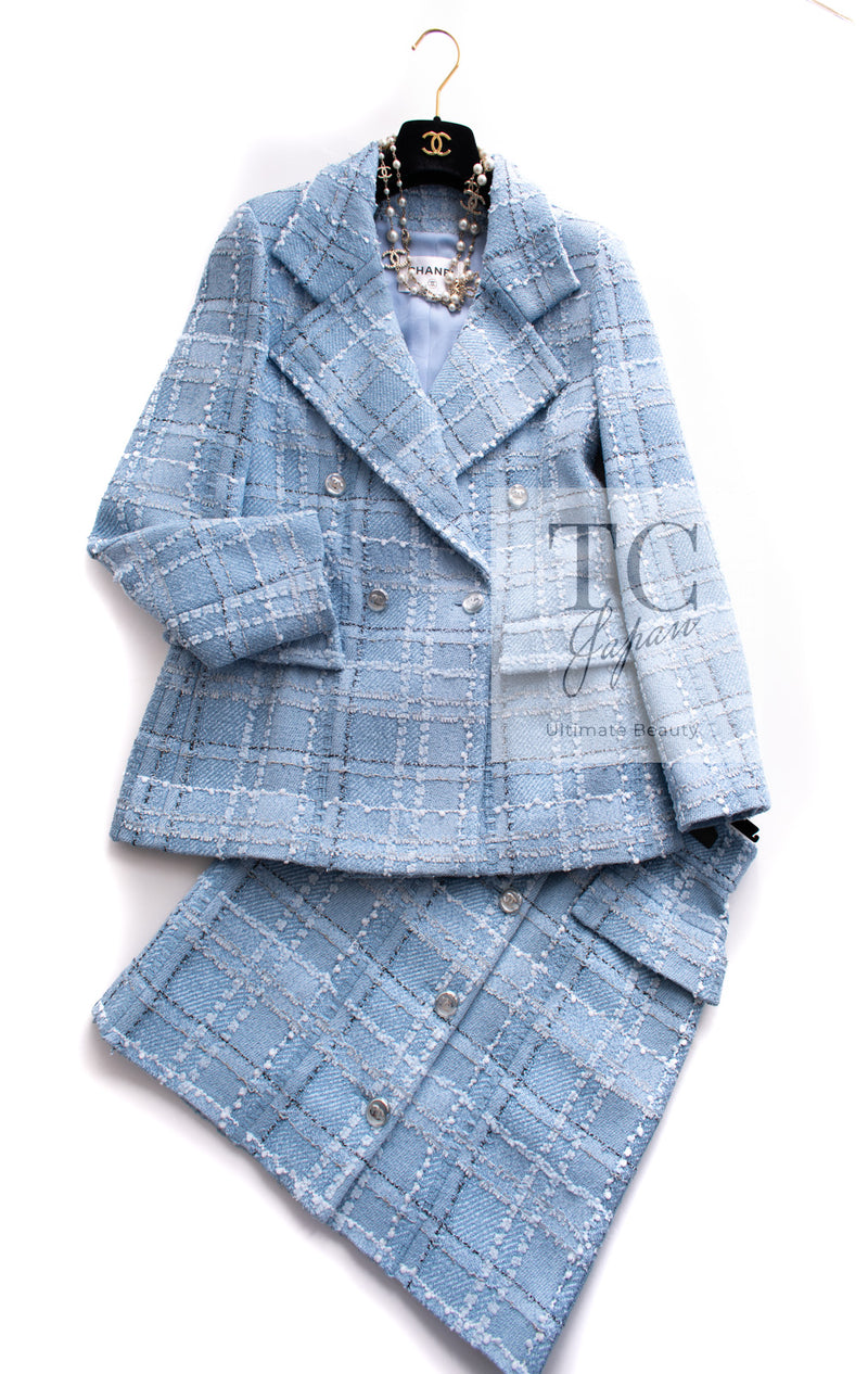 CHANEL 23PS Baby Blue CC Buttons Double Tweed Jacket Skirt Suit 38 シャネル ベビー ブルー ココボタン ダブル ツイード ジャケット スカート スーツ 即発