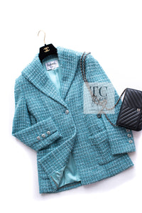 CHANEL 23PS Turquoise Green Blue CC Gripox Buttons Tweed Jacket 36 38 シャネル ターコイズ グリーン ブルー グリポワ 宝石 ボタン ツイード ジャケット 即発