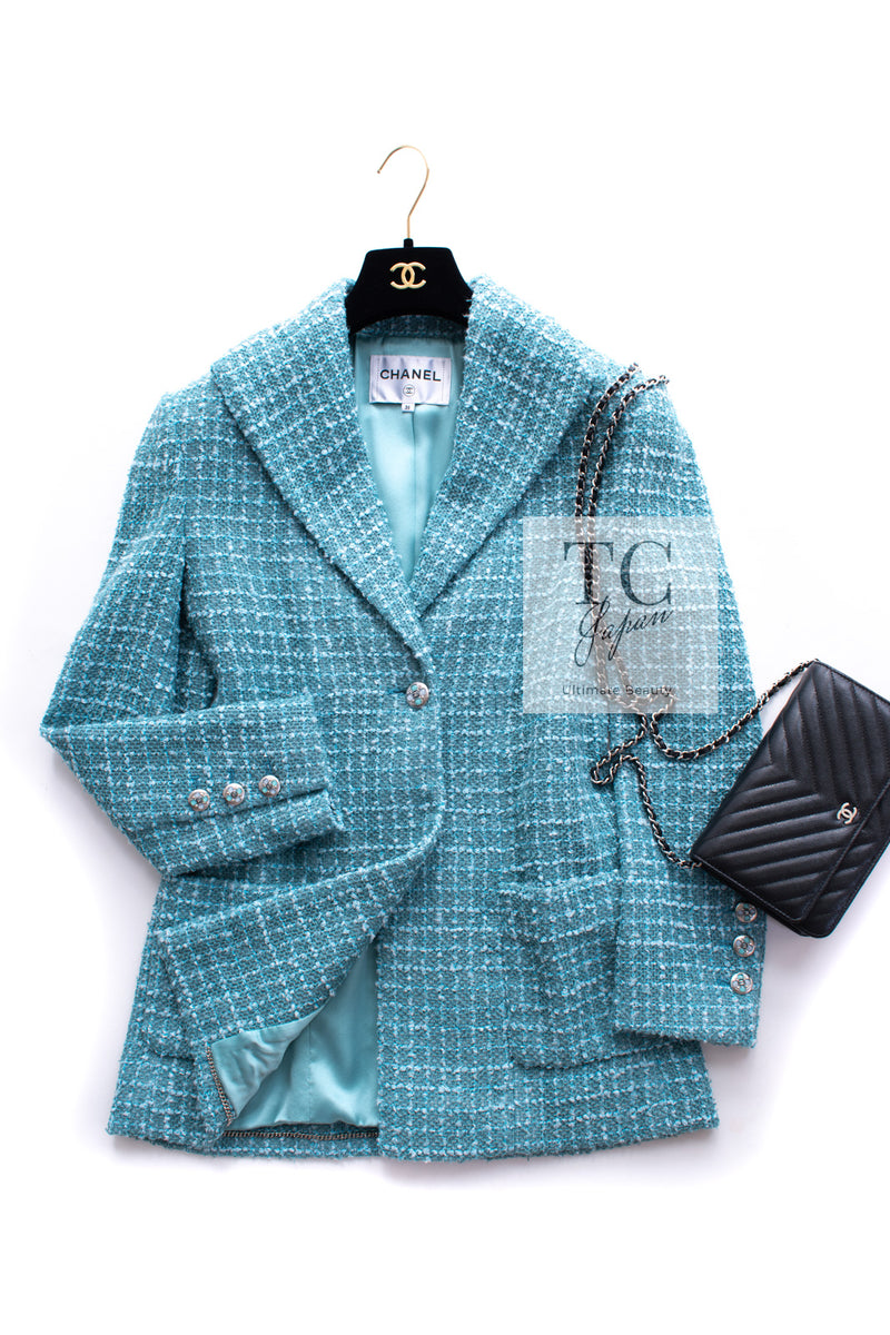 CHANEL 23PS Turquoise Green Blue CC Gripox Buttons Tweed Jacket 36 38 シャネル ターコイズ グリーン ブルー グリポワ 宝石 ボタン ツイード ジャケット 即発