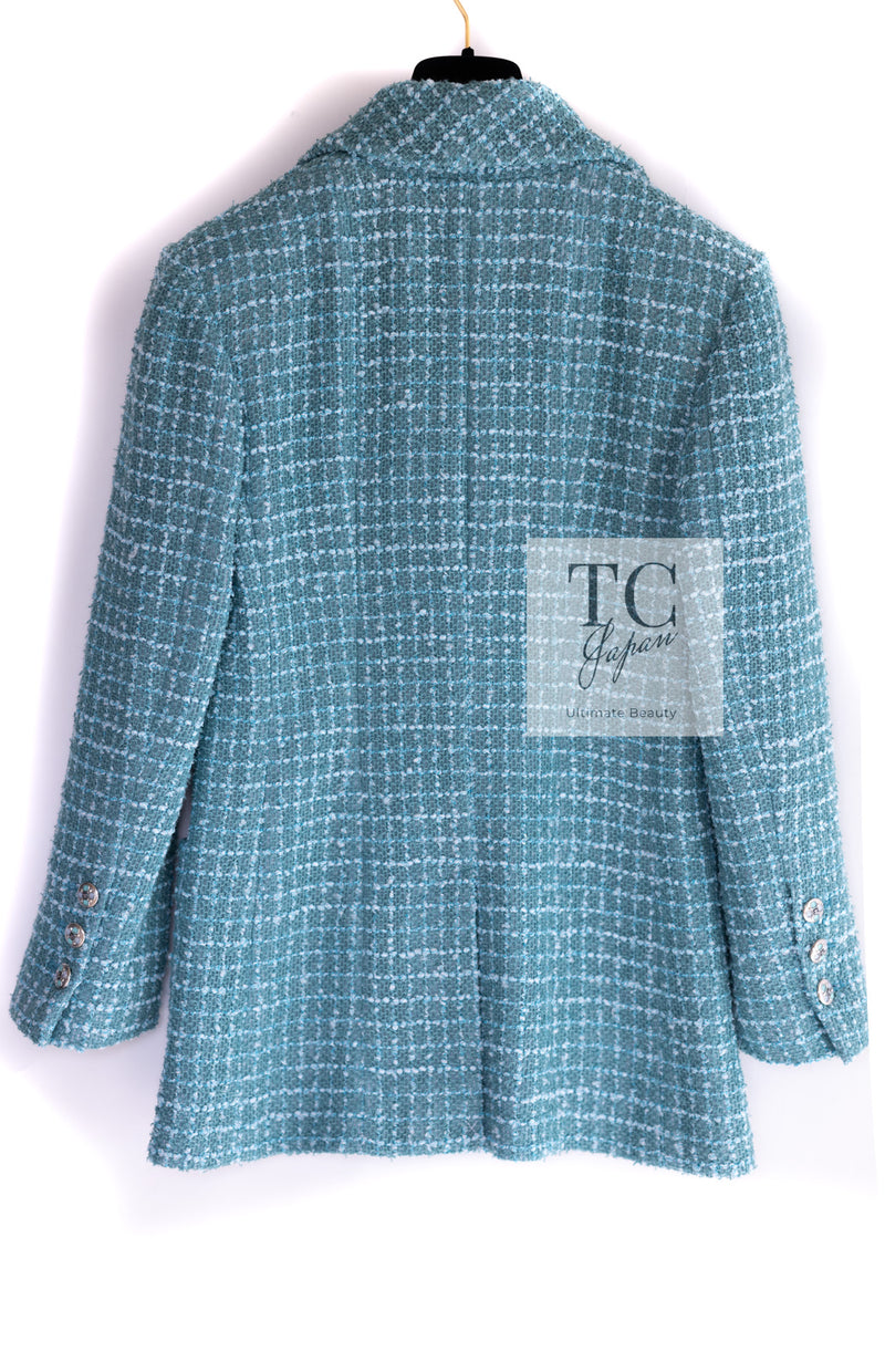 CHANEL 23PS Turquoise Green Blue CC Gripox Buttons Tweed Jacket 36 38 シャネル ターコイズ グリーン ブルー グリポワ 宝石 ボタン ツイード ジャケット 即発