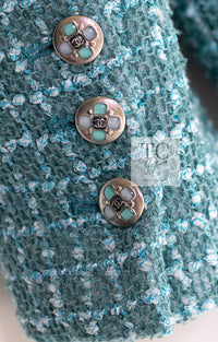 CHANEL 23PS Turquoise Green Blue CC Gripox Buttons Tweed Jacket 36 38 シャネル ターコイズ グリーン ブルー グリポワ 宝石 ボタン ツイード ジャケット 即発