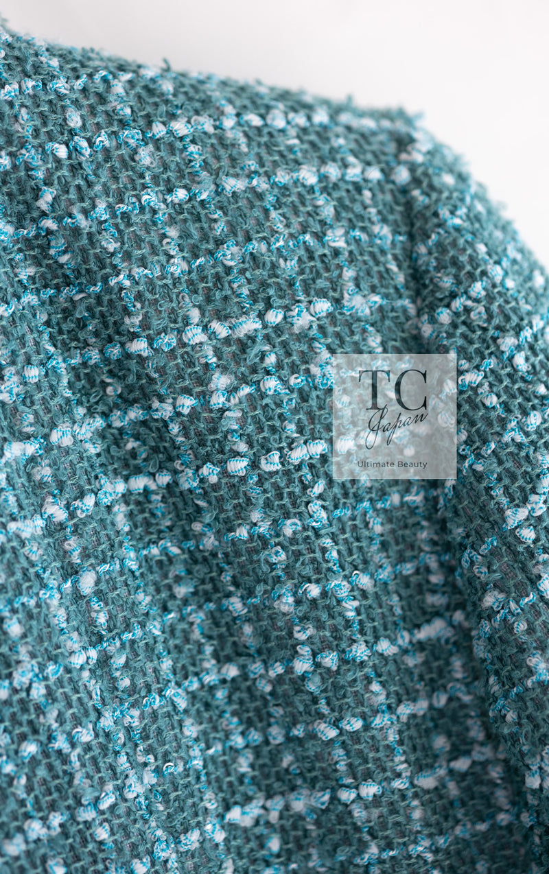 CHANEL 23PS Turquoise Green Blue CC Gripox Buttons Tweed Jacket 36 38 シャネル ターコイズ グリーン ブルー グリポワ 宝石 ボタン ツイード ジャケット 即発