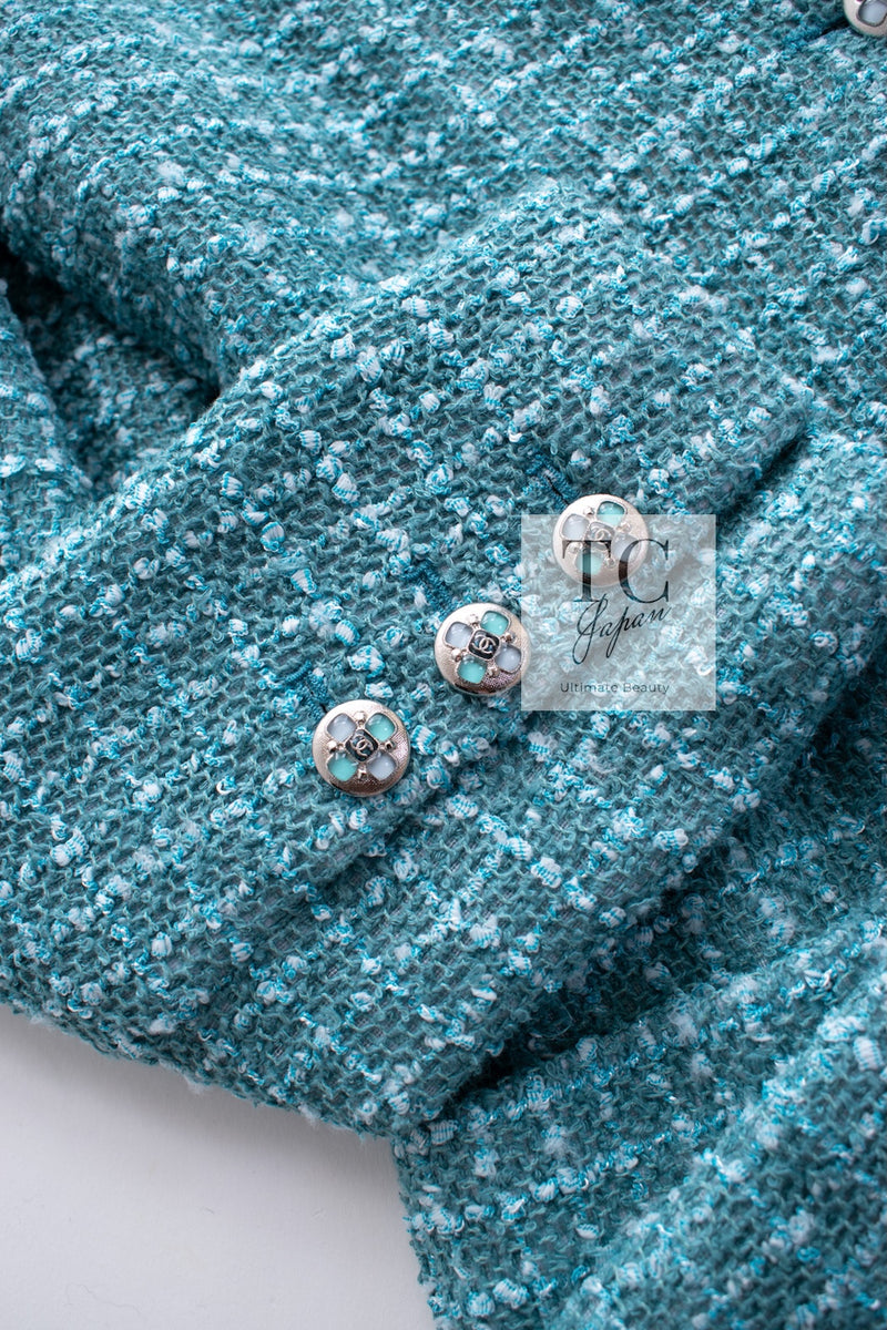 CHANEL 23PS Turquoise Green Blue CC Gripox Buttons Tweed Jacket 36 38 シャネル ターコイズ グリーン ブルー グリポワ 宝石 ボタン ツイード ジャケット 即発